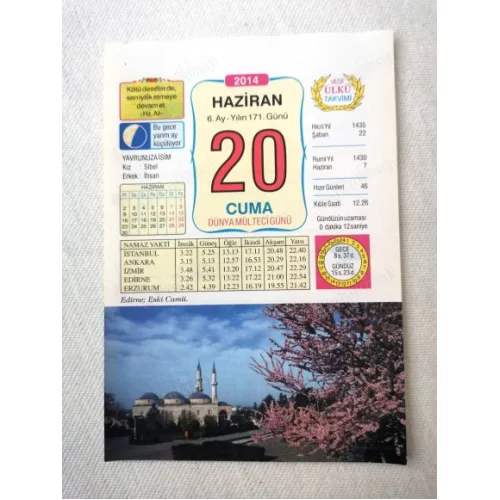 20 Haziran 2014 Ülkü Renkli Takvim yaprağı / Yavrunuza isim Kız Sibel Erkek İhsan / Kuşe Kağıt / Doğum-Özel gün hediyesi