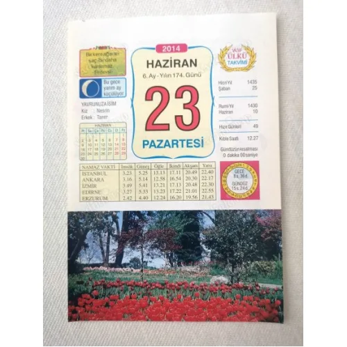 23 Haziran 2014 Ülkü Renkli Takvim yaprağı / Yavrunuza isim Kız Nesrin Erkek Taner / Kuşe Kağıt / Doğum-Özel gün hediyesi
