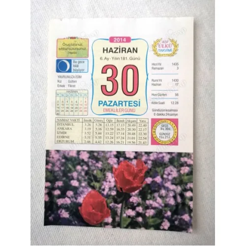 30 Haziran 2014 Ülkü Renkli Takvim yaprağı / Yavrunuza isim Kız Gülten Erkek Fikret / Kuşe Kağıt / Doğum-Özel gün hediyesi