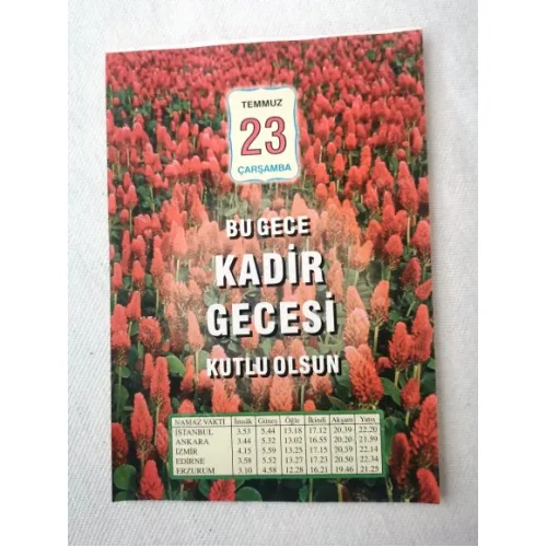 23 Temmuz 2014 Ülkü Renkli Takvim yaprağı / Kadir Gecesi / Kuşe Kağıt / Doğum-Özel gün hediyesi