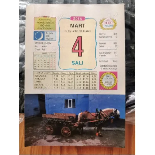 4 Mart 2014 Ülkü Renkli Takvim yaprağı / Yavrunuza isim Kız Yakut Erkek Arif / Kuşe Kağıt / Doğum-Özel gün hediyesi