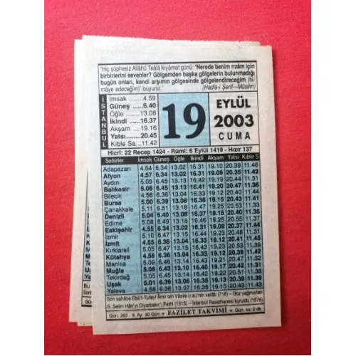 19 Eylül 2003 Fazilet Takvim Yaprağı / Doğum-Özel gün hediyesi