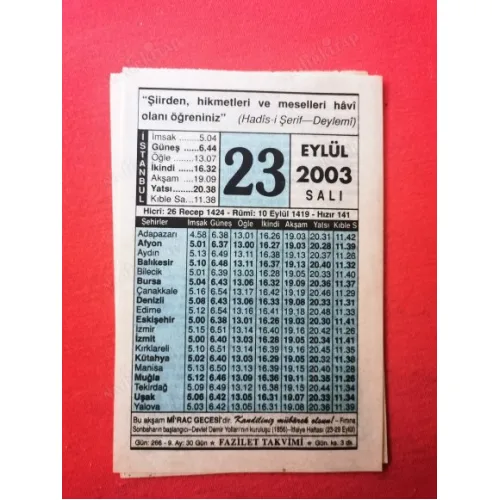 23 Eylül 2003 Fazilet Takvim Yaprağı / Doğum-Özel gün hediyesi