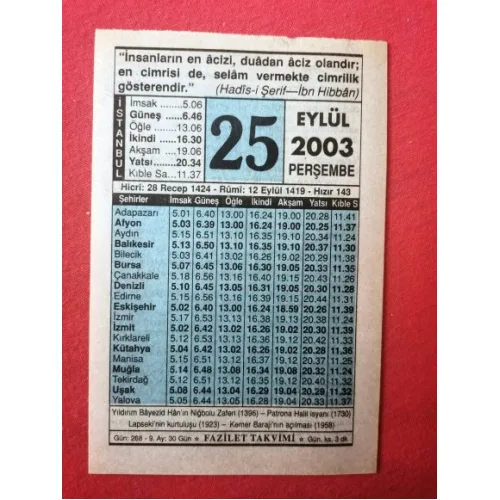 25 Eylül 2003 Fazilet Takvim Yaprağı / Doğum-Özel gün hediyesi