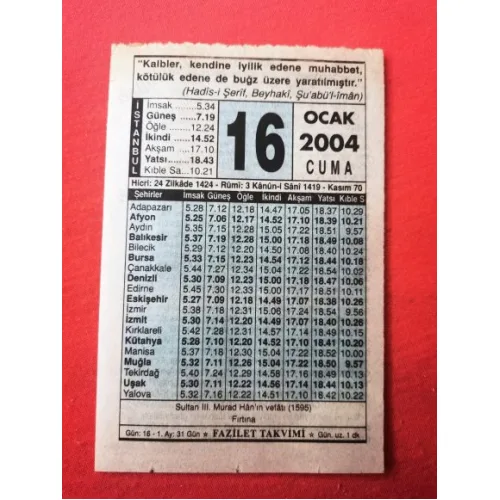 16 Ocak 2004 Fazilet Takvim Yaprağı / Doğum-Özel gün hediyesi