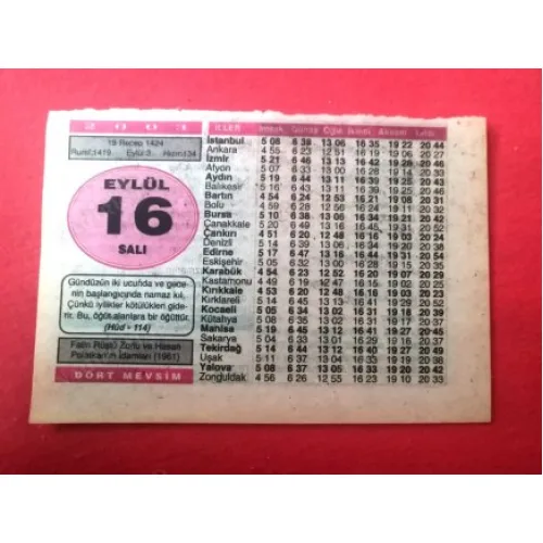 16 Eylül 2003 Dört Mevsim Takvim Yaprağı / Doğum-Özel gün hediyesi