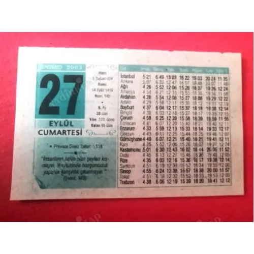 27 Eylül 2003 Semerkand Takvim Yaprağı / Doğum-Özel gün hediyesi