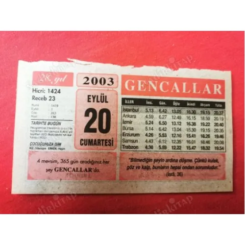 20 Eylül 2003 Gencallar Takvim Yaprağı / Doğum-Özel gün hediyesi