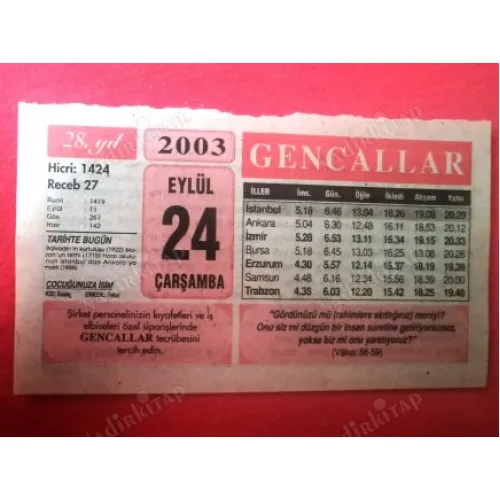 24 Eylül 2003 Gencallar Takvim Yaprağı / Doğum-Özel gün hediyesi