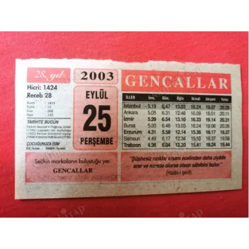 25 Eylül 2003 Gencallar Takvim Yaprağı / Doğum-Özel gün hediyesi