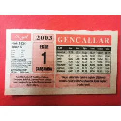 1 Ekim 2003 Gencallar Takvim Yaprağı / Doğum-Özel gün hediyesi
