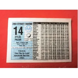 14 Eylül 2003 Diyanet Takvim Yaprağı / Doğum-Özel gün hediyesi