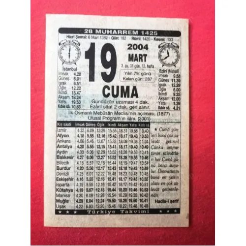 19 Mart 2004 Türkiye Takvim Yaprağı / Doğum-Özel gün hediyesi