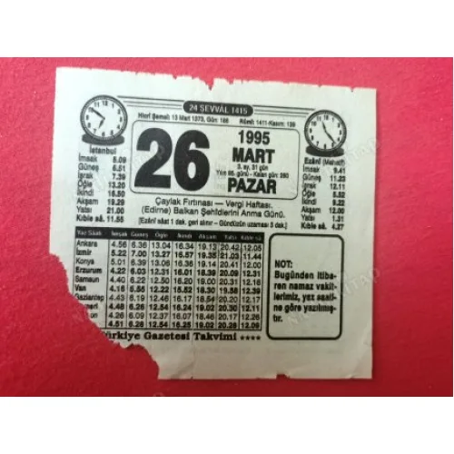 26 Mart 1995 Türkiye Gazetesi Takvim Yaprağı / Doğum-Özel gün hediyesi