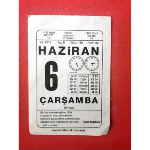 6 Haziran 2012 Saatli Maarif Takvim Yaprağı / Doğum-Özel gün hediyesi