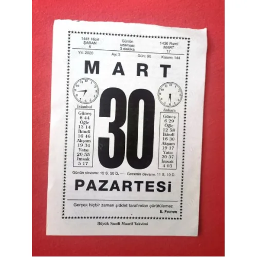 30 Mart 2020 Büyük Saatli Maarif Takvim Yaprağı / Doğum-Özel gün hediyesi