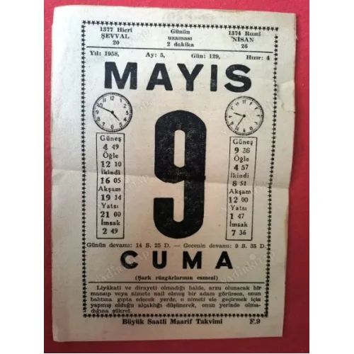 9 Mayıs 1958 Büyük Saatli Maarif Takvim Yaprağı / Doğum-Özel gün hediyesi