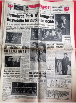 Milliyet Gazetesi 16 Ekim 1955 Demokrat Parti 4.Kongresi Adnan Menderes,Derbi FB-GS,Peyami Safa,İstanbul