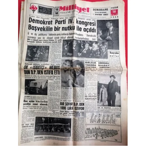 Milliyet Gazetesi 16 Ekim 1955 Demokrat Parti 4.Kongresi Adnan Menderes,Derbi FB-GS,Peyami Safa,İstanbul