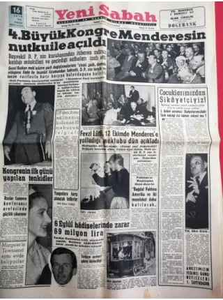 Yeni Sabah Gazetesi 16 Ekim 1955 DP nin 4.Büyük Kongresi Adnan Menderes,Ezeli rakipler Fb,Gs 152. maç,6 Eylül Hadiseleri,Zeki Müren Salacak Gazinosund