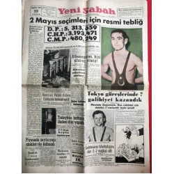 Yeni Sabah Gazetesi 23 Mayıs 1954 Tokyo güreşleri Mustafa Dağıstanlı-Hüseyin Akbaş,Limon Karaborsada,Talebe birliği Taksime yürüdü