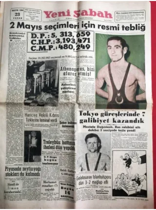 Yeni Sabah Gazetesi 23 Mayıs 1954 Tokyo güreşleri Mustafa Dağıstanlı-Hüseyin Akbaş,Limon Karaborsada,Talebe birliği Taksime yürüdü