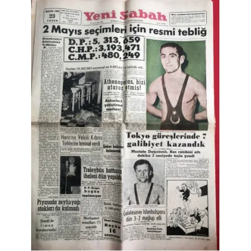 Yeni Sabah Gazetesi 23 Mayıs 1954 Tokyo güreşleri Mustafa Dağıstanlı-Hüseyin Akbaş,Limon Karaborsada,Talebe birliği Taksime yürüdü