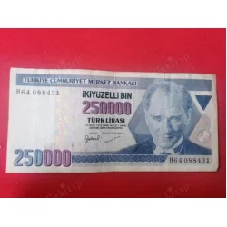 250000 İkiyüzElliBin Türk Lirası E7 3.Tertip H64 Kağıt Para (1998-2006)