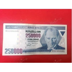 250000 İkiyüzElliBin Türk Lirası E7 3.Tertip H33 Kağıt Para (1998-2006)