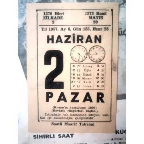 2 Haziran 1957 Saatli Maarif Takvim Yaprağı / Doğum-Özel gün hediyesi