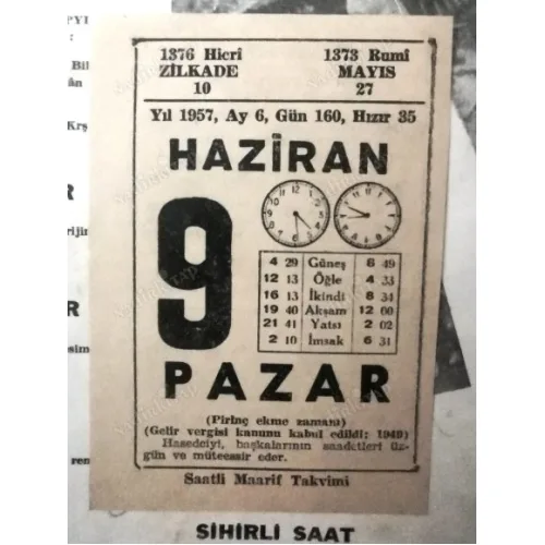 9 Haziran 1957 Saatli Maarif Takvim Yaprağı / Doğum-Özel gün hediyesi