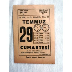 29 Temmuz 1950 Saatli Maarif Takvim yaprağı / Doğum-Özel gün hediyesi