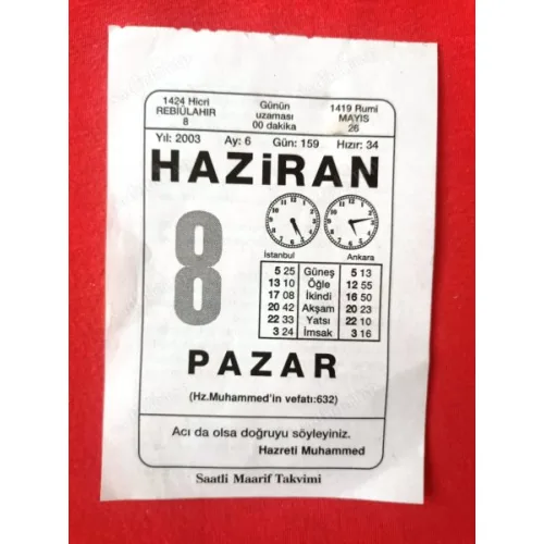 8 Haziran 2003 Saatli Maarif Takvim Yaprağı / Doğum Özel gün hediyesi