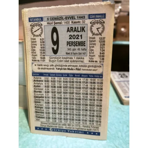 9 Aralık 2021 Türkiye Gazetesi Takvim yaprağı Doğum günü Özel gün hediyesi