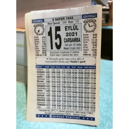 15 Eylül 2021 Türkiye Gazetesi Takvim yaprağı Doğum günü Özel gün hediyesi