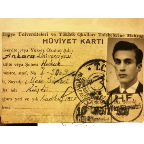 Türkiye Üniversiteleri ve Yüksek Okulları Talebelerine Mahsus HÜVİYET KARTI * 20 Ocak 1959 * Pullu Ankara Üniveristesi Hukuk Fakültesi BKZ