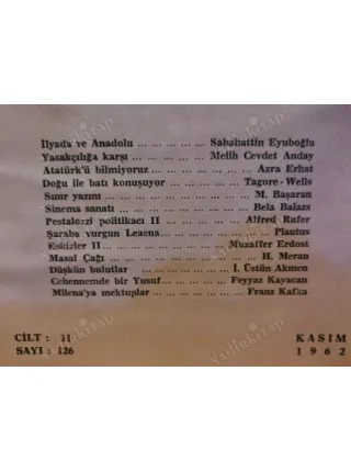 Yeni Ufuklar 126 İlyada ve Anadolu, Atatürk Azra Erhat, Yasakçılığa Karşı M Cevdet Anday, Sinema Sanatı, Milena