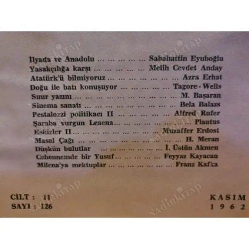 Yeni Ufuklar 126 İlyada ve Anadolu, Atatürk Azra Erhat, Yasakçılığa Karşı M Cevdet Anday, Sinema Sanatı, Milena