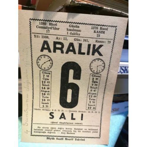 6 Aralık 1960 Büyük saatli Maarif Takvimi Yaprağı / Doğum-Özel gün hediyesi
