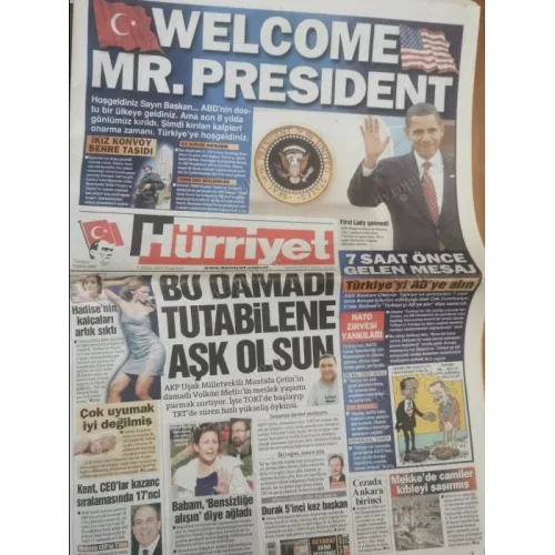 Hürriyet 6 Nisan 2009 Obama Welcome Mr. President, Abalıoğlu, Ergenekon Levent Ersöz, Çok uyumak iyi değilmiş, Hadisenin kalçaları artık sıktı