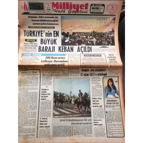 Milliyet 10 Eylül 1974 , Kıbrıs Barış Harekatı, Keban Barajı açıldı, İsmizr Kurtuluşu 52.yıl, ALtın Prtakal düğün Perihan Savaş TAM