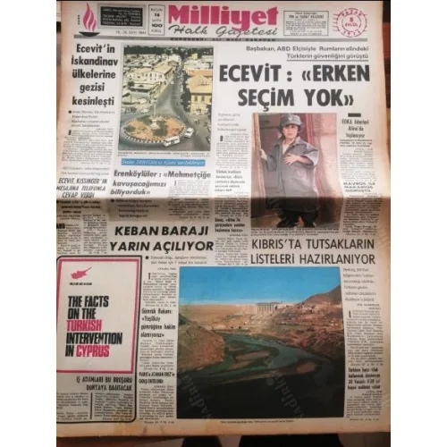 Milliyet 8 Eylül 1974 , Kıbrıs Barış Harekatı, Keban Barajı yarın açılıyor, G. Saraya liğe galibiyetle başladı TAM