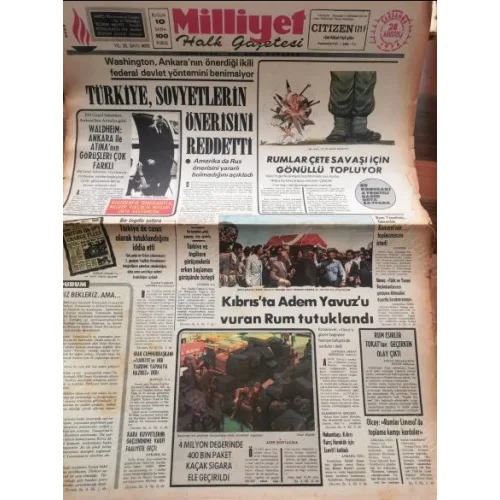 Milliyet 28 Ağustos 1974 Kıbrıs Barış Harekatı, Adem Yavuz olayı, Tuzla da Kaçak sigara, TAM