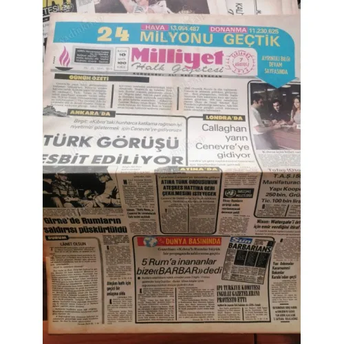 Milliyet 7 Ağustos 1974 Kıbrıs Barış Harekatı, Nixon Watergate, Futbol Ercan Aktuna Jubile TAM