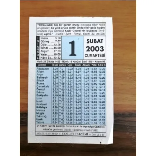 1 Şubat 2003 Fazilet Takvimi yaprağı Doğum Özel gün hediyesi