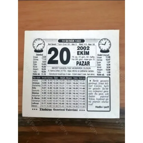 20 Ekim 2002 Takvimi yaprağı Doğum Özel gün hediyesi