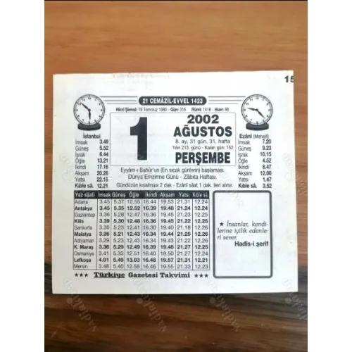 1 Ağustos 2002 Takvimi yaprağı Doğum Özel gün hediyesi