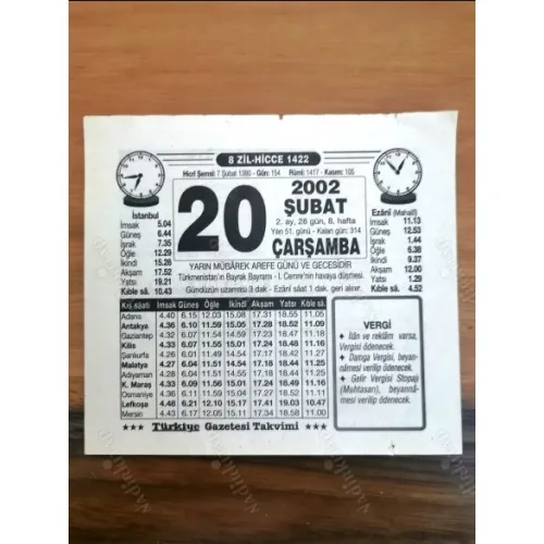 20 Şubat 2002 Takvimi yaprağı Doğum Özel gün hediyesi