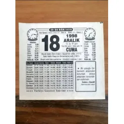 18 Aralık 1998 Takvim yaprağı Doğum Özel gün hediyesi