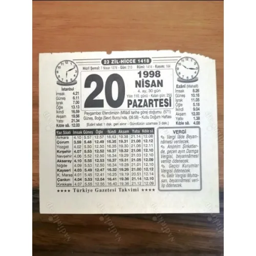 20 Nisan 1998 Takvim yaprağı Doğum Özel gün hediyesi